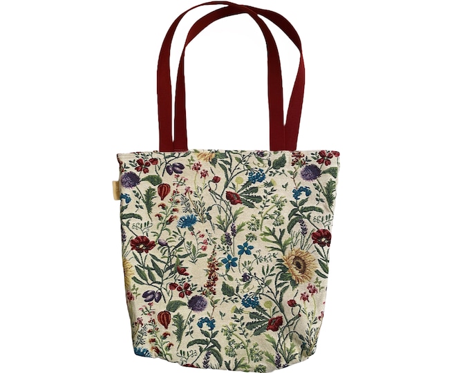 Fleurs des Champs Country Flowers BELGIAN Tapestry Woven Hand Finished Large Tote Shoulder Bag Handbag, Size 46cm x 46cm 18" x 18"