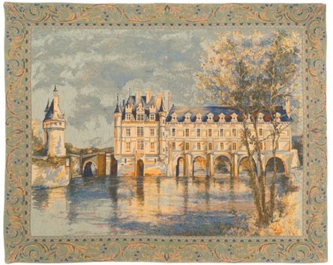 Chateau de Chenonceau, France as a BELGIAN Belgium jacquard woven tapestry wall hanging, fully lined + rod sleeve, 27" x 34" / 70cm x 87cm