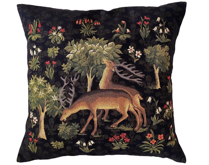 BELGIAN Jacquard WOVEN Hand Finished 45cm x 45cm 18" x 18" Forest Deer With Millefleurs Design V2 Tapestry Cushion Pillow Cover