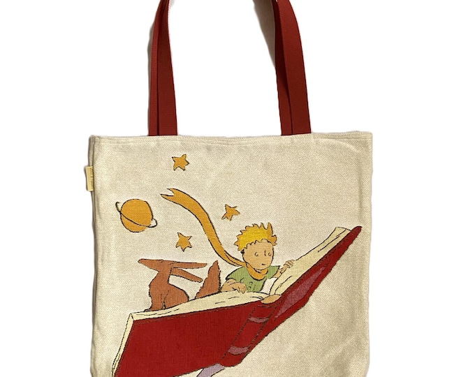 PETIT PRINCE on a book BELGIAN Tapestry Woven Hand Finished Large Tote Shoulder Bag Handbag, 44cm x 44cm, Measurement Excluding Handles