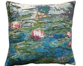 Claude MONET Nympheas Water Lilies, BELGIAN Belgium Jacquard WOVEN Hand Finished Tapestry Pillow Cushion Cover, 46cm x 46cm, 18" X 18"