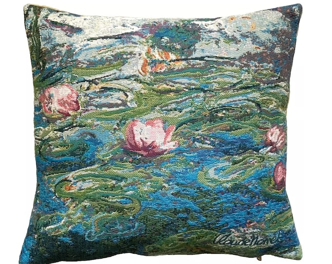 Claude MONET Nympheas Water Lilies, BELGIAN Belgium Jacquard WOVEN Hand Finished Tapestry Pillow Cushion Cover, 46cm x 46cm, 18" X 18"