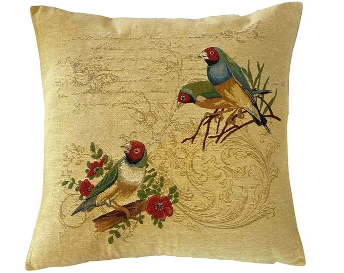 TROPICAL Birds Series, Love Birds, BELGIAN Belgium Jacquard WOVEN Hand Finished 45cm 18" Tapestry Pillow Cushion Cover
