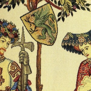 May include: A tapestry featuring a knight in armour holding a sword and a woman wearing a large, ornate hat. The knight is wearing a wreath of flowers on his head and the woman is wearing a red and gold dress. The tapestry is woven with intricate details and features a green dragon on a shield.