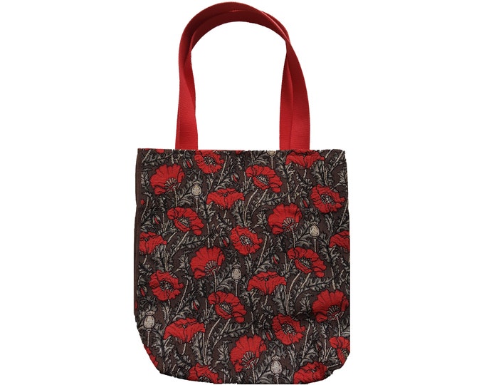 BELGIAN Tapestry Woven Hand Finished Tote Shoulder Bag Handbag, POPPIES with Silver Lurex, Size 46cm x 46cm 18" x 18" Excluding Handles
