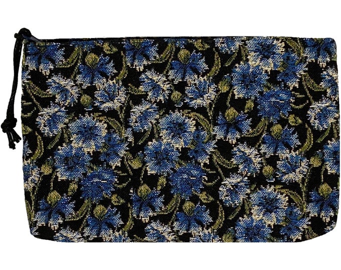 Bleuets / Cornflowers Blue on Black Hand Finished BELGIAN TAPESTRY Trousse Purse Pouch Toiletry Cosmetic Bag 20CM X 15CM, with zip