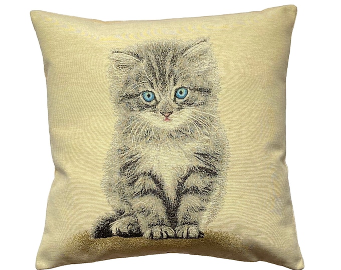 Cute Kitten Chaton French Hand Finished Tapestry Pillow Cushion Cover WIth Zip & Soft Touch Velvet Cotton Reverse, 44cm x 44cm, 17" x 17"