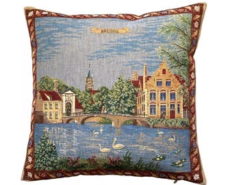 MINNEWATER Lake of Love, Brugge, BELGIAN Belgium Jacquard WOVEN Hand Finished Tapestry Pillow Cushion Cover, 46cm x 46cm 18" x 18"