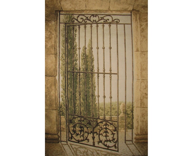 Garden Wall & Gate Scene, BELGIAN Jacquard Woven Hand Finished TAPESTRY Wall Hanging, lined with hanging rod sleeve 106cm x 70cm / 42" x 26"