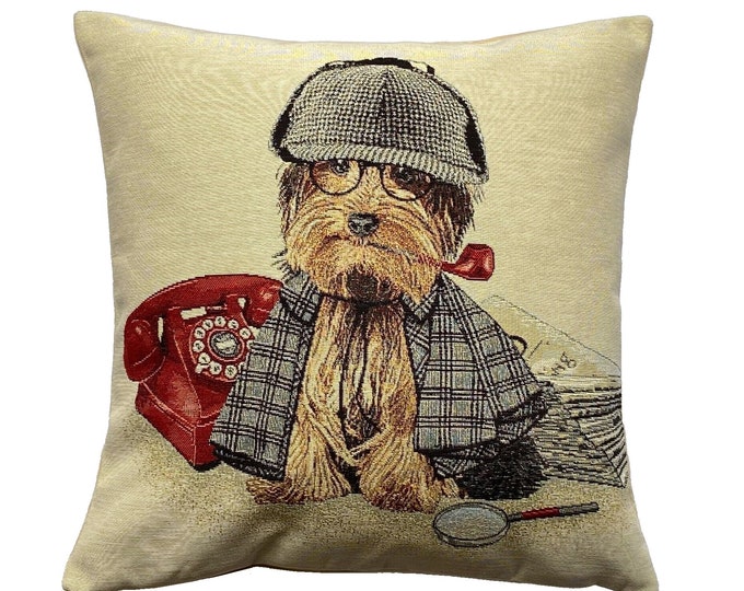 Yorkshire Terrier Dog Detective Sherlock Holmes, French Hand Finished Tapestry Pillow Cushion Cover, 17" x 17" 44cm x 44cm
