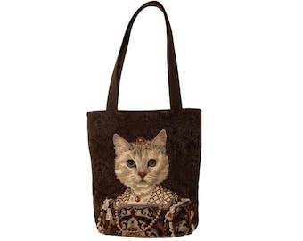 Cat lovers BELGIAN TAPESTRY Shopping Tote Bag 38CM X 34CM, Regal Cat with Pearl Necklace and Tiara / Crown