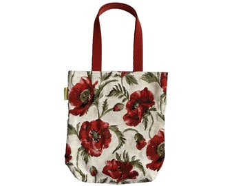 Large Poppies Coquelicots BELGIAN Tapestry Woven Hand Finished Tote Shoulder Bag Handbag Approx 38cm x 34cm 15" x 13.5" (Size Excl. Handles)