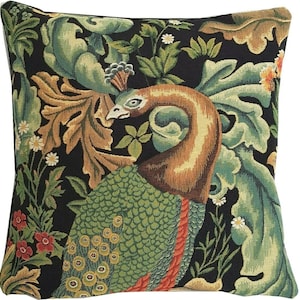 William Morris Design Black Forest Peacock JACQUARD WOVEN in BELGIUM hand finished tapestry pillow cushion cover 47cm x 47cm, 18.5&quot; x 18.5&quot;