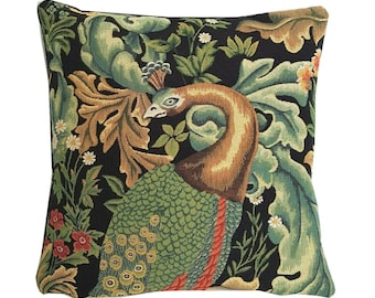 William Morris Design Black Forest Peacock JACQUARD WOVEN in BELGIUM hand finished tapestry pillow cushion cover 47cm x 47cm, 18.5" x 18.5"