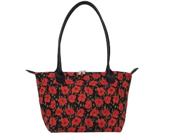 BELGIAN TAPESTRY Malta Style Hand Bag 36cm x 24cm, Poppies, Hand finished and fully lined with leather handles & zip closure