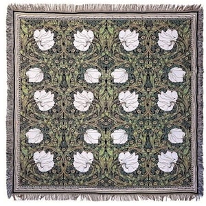 BELGIAN Jacquard Woven Hand Finished 150cm x 150cm William MORRIS Pimpernel TAPESTRY Table Throw Bed Spread Occasional Cover, Tassel Edges