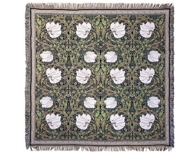 BELGIAN Jacquard Woven Hand Finished 150cm x 150cm William MORRIS Pimpernel TAPESTRY Table Throw Bed Spread Occasional Cover, Tassel Edges