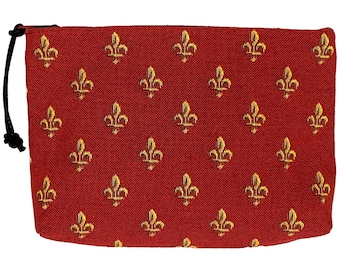 Fleur de Lys Gold on Red Hand Finished BELGIAN TAPESTRY Trousse Purse Pouch Toiletry Cosmetic Bag 20CM X 15CM, with zip