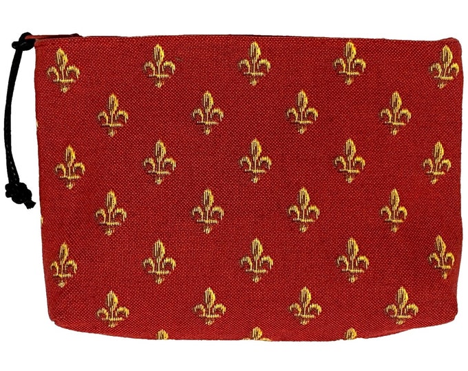 Fleur de Lys Gold on Red Hand Finished BELGIAN TAPESTRY Trousse Purse Pouch Toiletry Cosmetic Bag 20CM X 15CM, with zip
