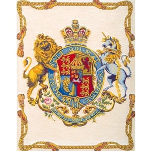 May include: A colourful heraldic crest featuring a lion and unicorn supporting a shield with a crown on top. The shield is divided into four quarters with different designs. The crest is surrounded by a rope border with tassels.