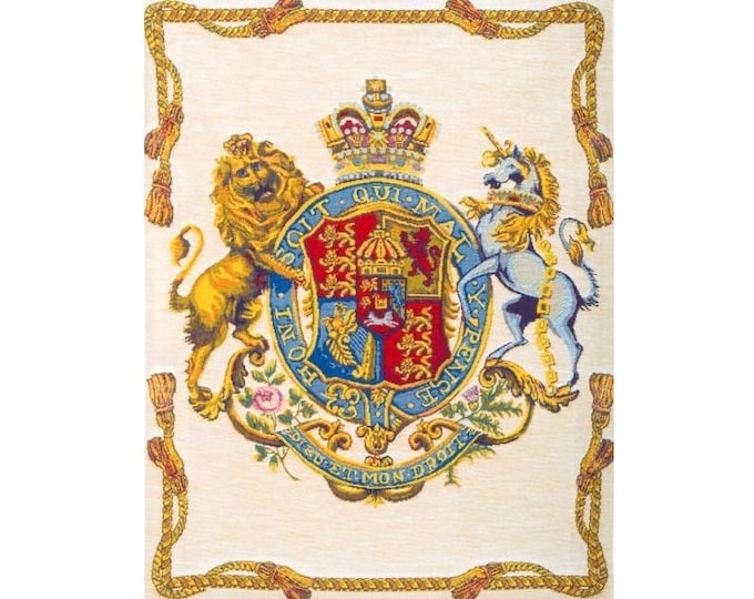 1816 Royal Coat of Arms of UK & Hanover, BELGIAN jacquard woven tapestry wall hanging, fully lined with rod sleeve, 55cm x 46cm, 22" x 18"