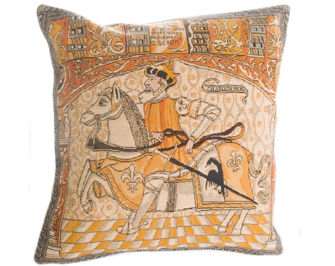 Knight King on Horseback BELGIAN Belgium Jacquard WOVEN Hand Finished Tapestry Pillow Cushion Cover, 36cm x 36cm 14" x 14" with zip