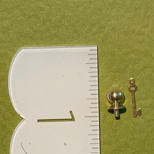 May include: A gold-toned key and a small, round, gold-toned knob with a stem. The knob and key are on a green surface.