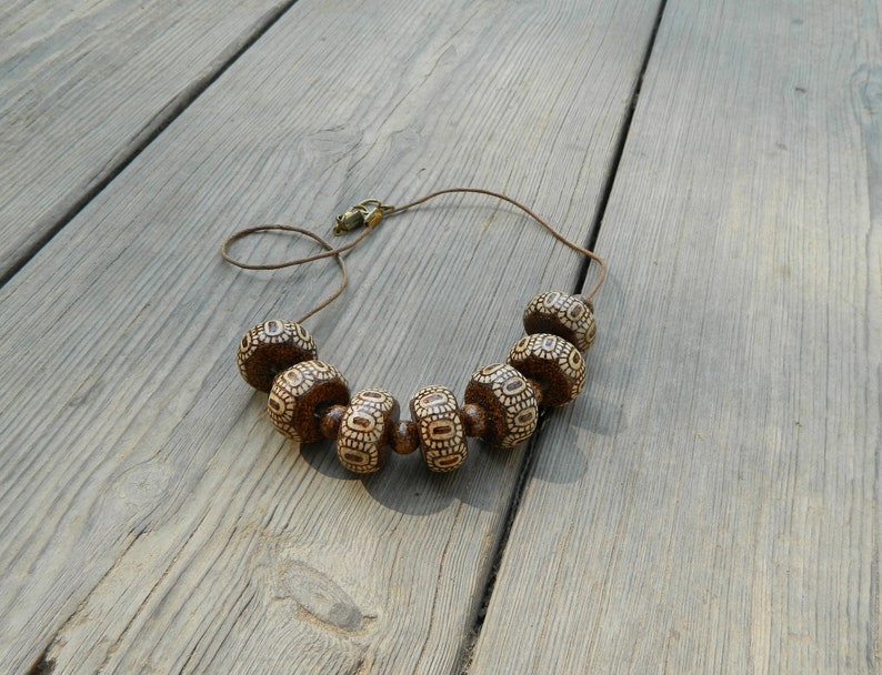 Wooden bead necklace wood burned jewelry rustic eco friendly image 0