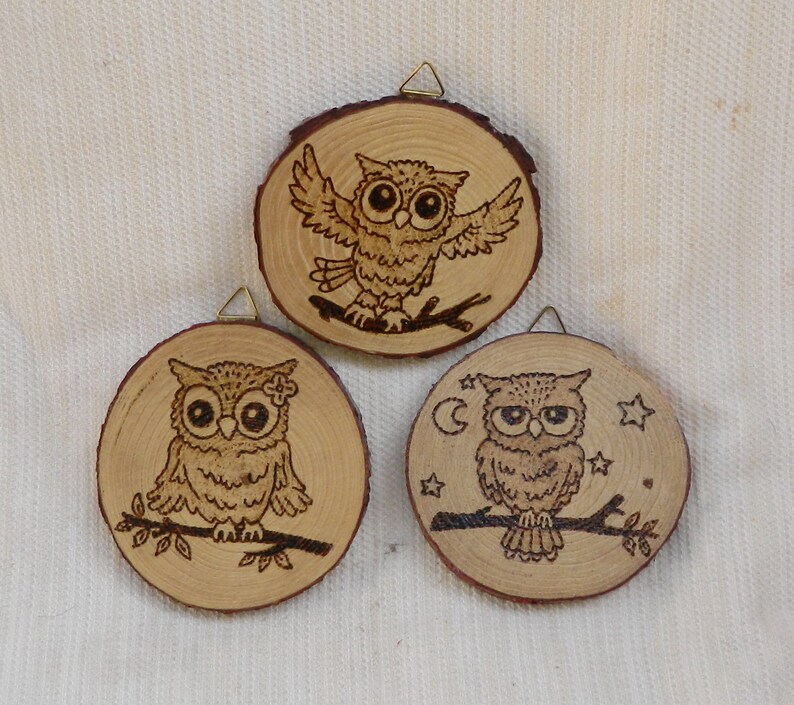 Cute wood burned owl ornaments set of three ready to ship
