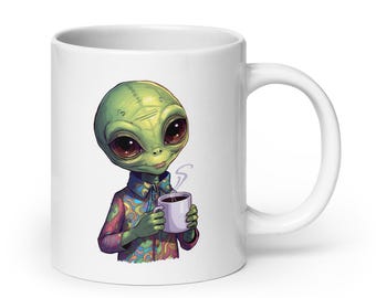 Taza Alien Coffee Break – Alien verde sosteniendo una taza de café para amantes del café