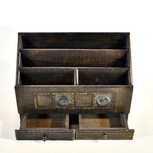 Vintage Vintage Handmade organizador Wood Office Desktop cartas &docs stand con 2 cajones de madera tallada
