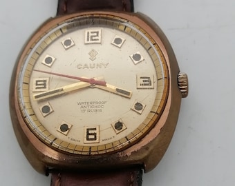 CAUNY PRIMA 17 Rubis Mechanical Wind Vintage 36mm Mens Wrist Watch swiss made - gold plated antichoc case
