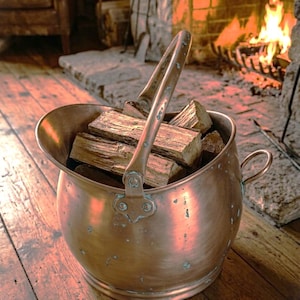 Vintage 1950s Mid-Century Copper basket Pot Kindling rustic Holder firewood charcoal fireplace