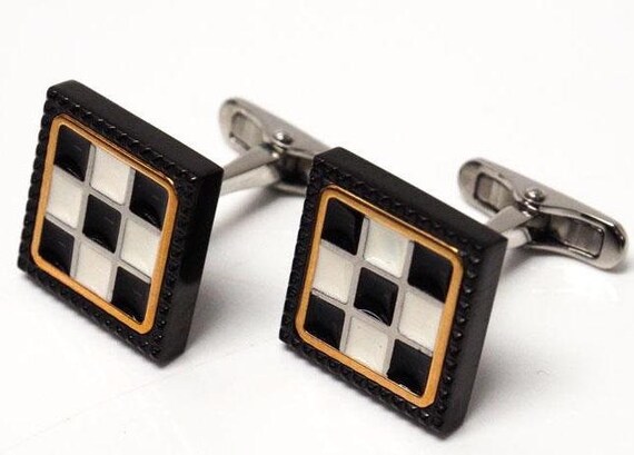 Black & White Square Onyx and Mother of Pearl Checkerboard with Gold Trim Studs and Cufflinks Set Black & White Square Onyx and Mother of Pearl Checkerboard with Gold Trim Studs and Cufflinks Set