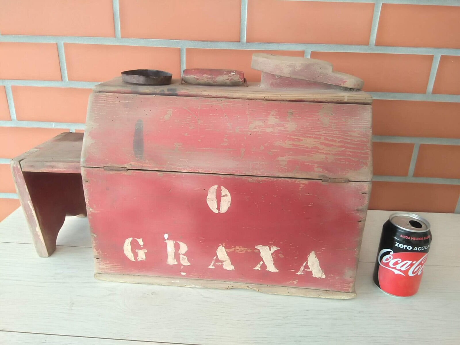 Antique 1900s Portuguese rare wood Tool box Clobber 19th century Shoeshiner shoeblack Street Clobber grease, 15.75in length