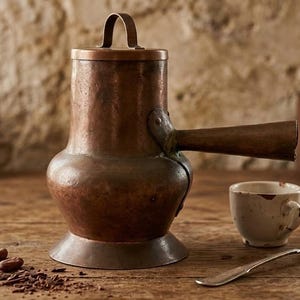 Antique Copper Chocolate Pot Kettle 1940s Handmade Portugal Vintage Rustic Farmhouse Kitchen Decor