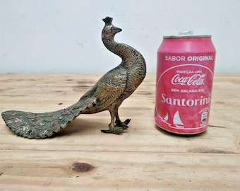 Figurine vintage de paon en cuivre et en laiton de 9 pouces sur la statue d'oiseau paon des années 1960 faite main avec des pierres, décoration d'intérieur Portugal antique