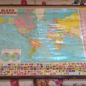 Vintage Rare mappa del mondo Portoghese Scuola salazar regime lettera corografica del 1973 di J.R.Silva Stampata su tela di tela