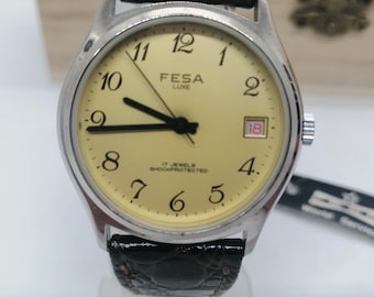 NOS Men Wrist Watch "FESA LUXE" Mechanical day calendar Gold Dial - 17 Jewels from 1970s New old Stock Vintage with tags hand winding
