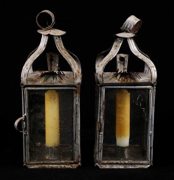 Vintage Pair lanterns with wax candles hanging metal garden Etsy