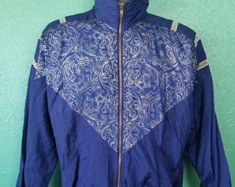 Vintage 80s Golden Paisley Navy Blue Windbreaker Jacket 90s Size Medium M