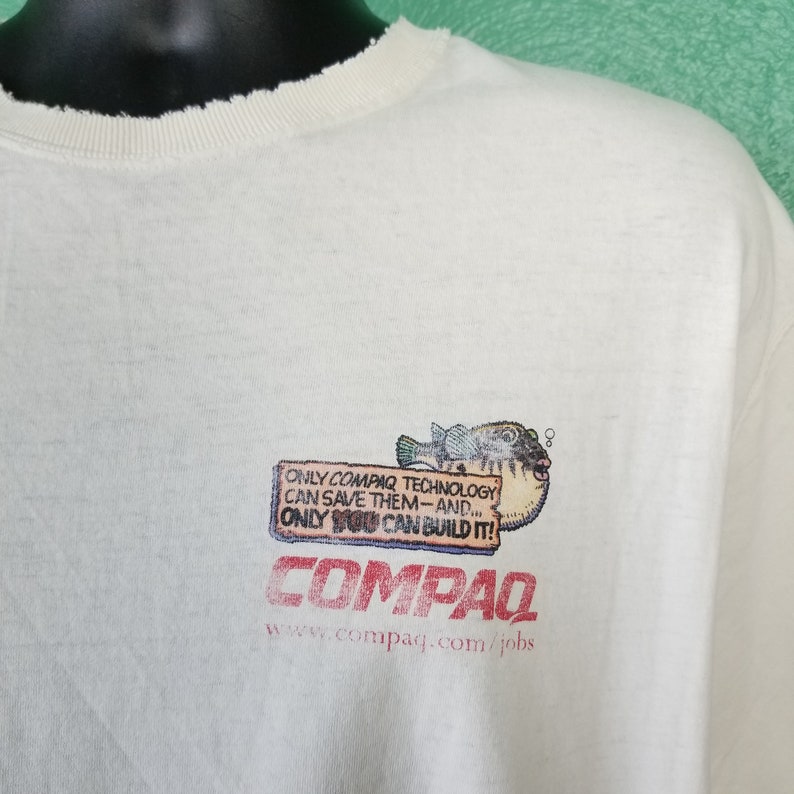 Vintage 90s CompaQ Ready to be Hero Information Technology Tech PC Computer Distressed White T Shirt Size XL