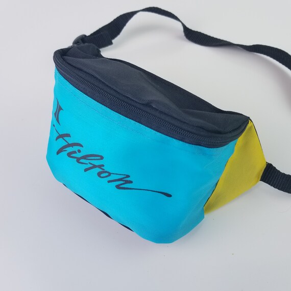 Vintage 80s Neon Blue and Yellow Hilton Hotels Fan