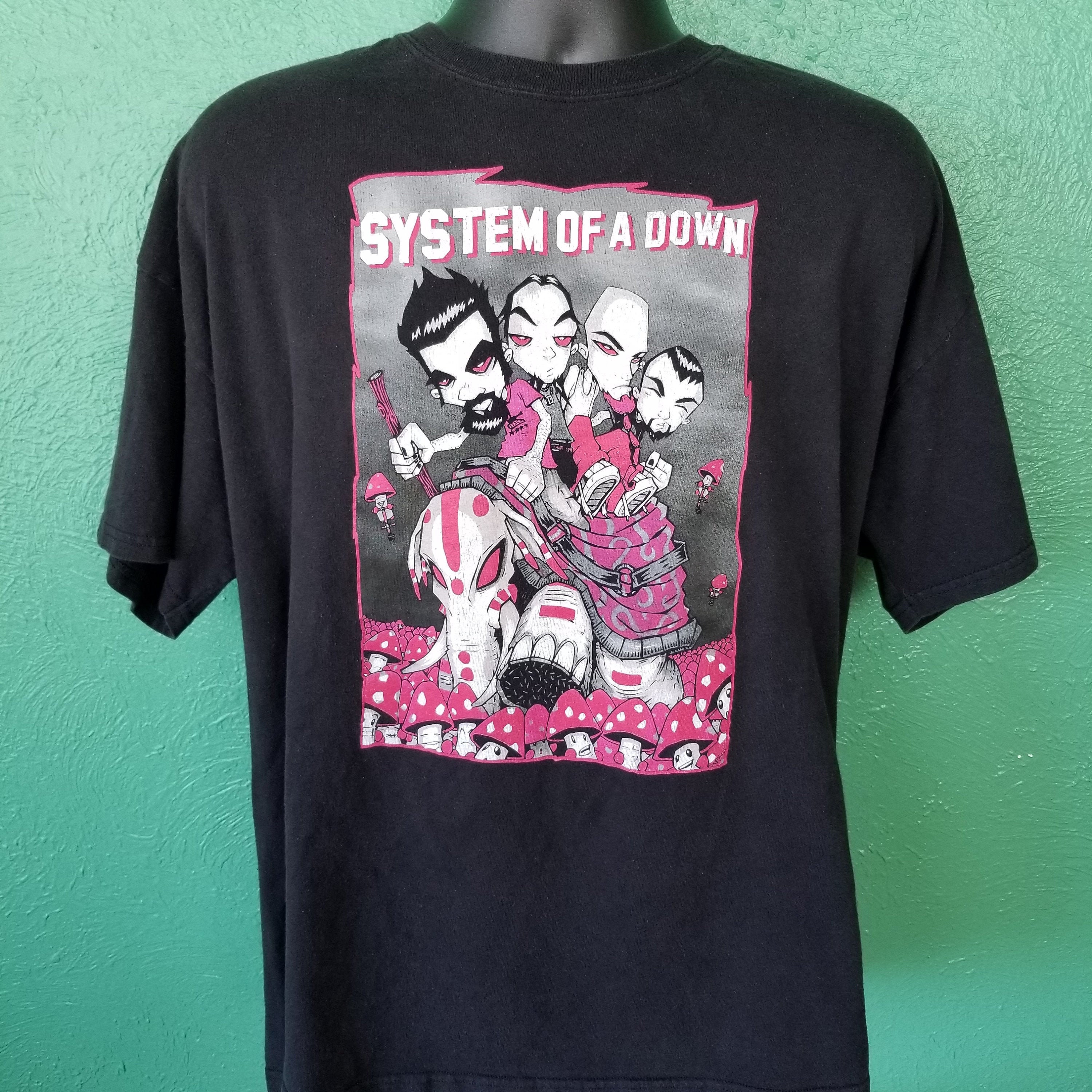 Vintage 90s System of a Down Black Pink Elephant Mushroom T Shirt