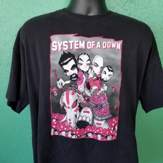 Vintage 90s System of a Down Black Pink Elephant Mushroom T Shirt