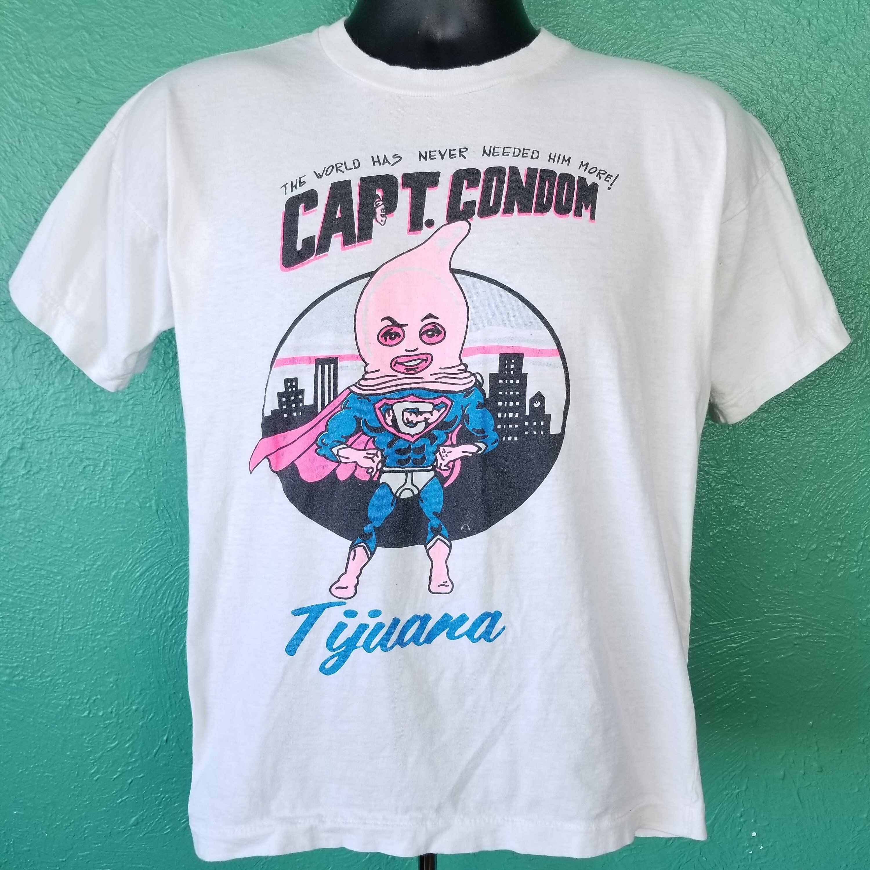 Vintage 80s Captain Condom Tijuana Mexico Funny Weird Unique White 