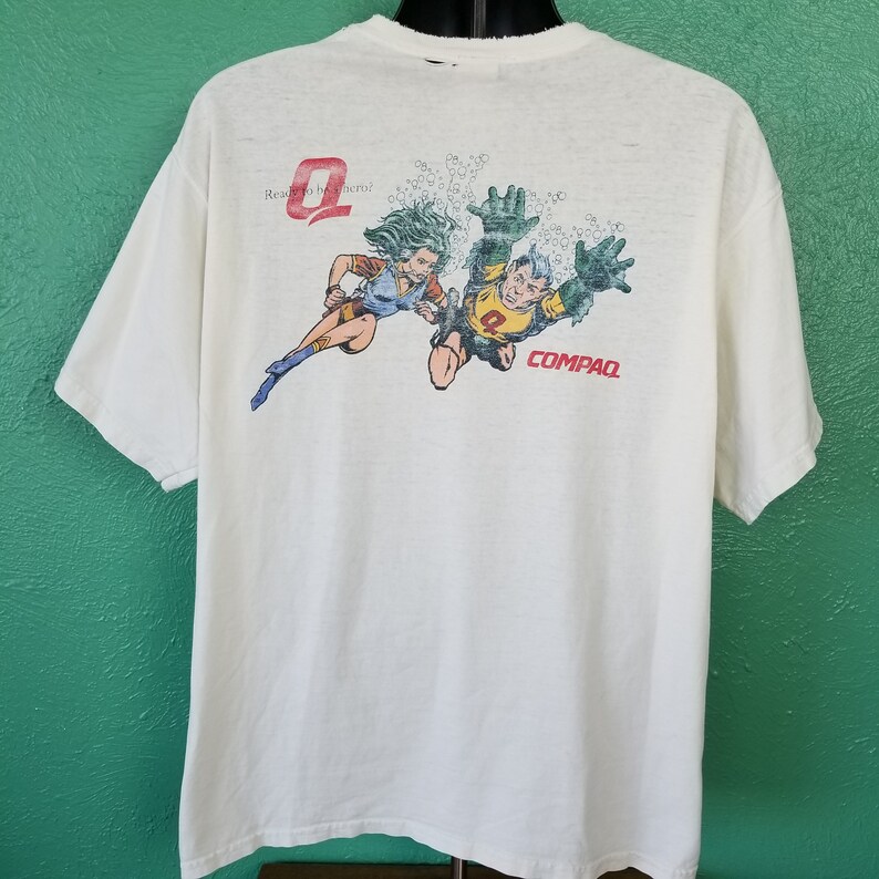 Vintage 90s CompaQ Ready to be Hero Information Technology Tech PC Computer Distressed White T Shirt Size XL