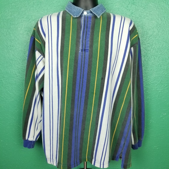 Vintage 90s Striped Long Sleeve Polo Green and Blue With Denim Collar American Eagle XL Etsy