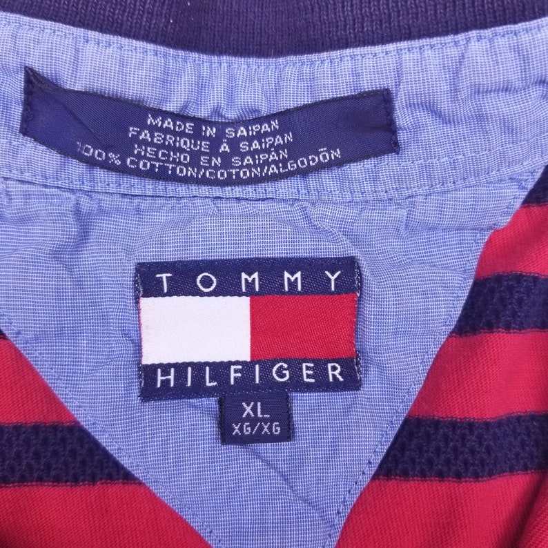 Vintage 90s Tommy Hilfiger Red Stripped Polo Shirt Spell Out size XL