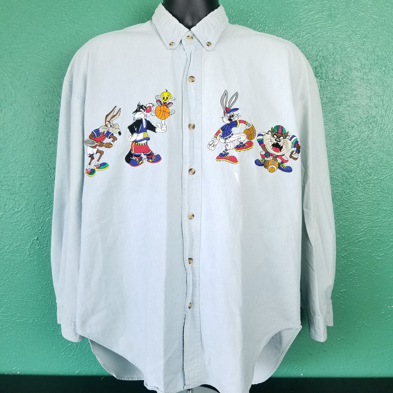 Vintage 90s Looney Tunes Denim Jean Button Up Shirt Taz Bunny | Etsy